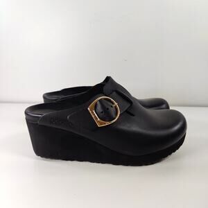Papillio Birkenstock Black Leather Platform Clogs 39 8.5 Gold Buckle 250 L8 M6